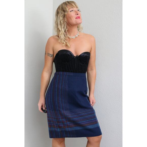1980's Vintage Navy & Lavender Autumn Stripe Skirt ~ Women's LG XL 33" Waist - Picture 8 of 9